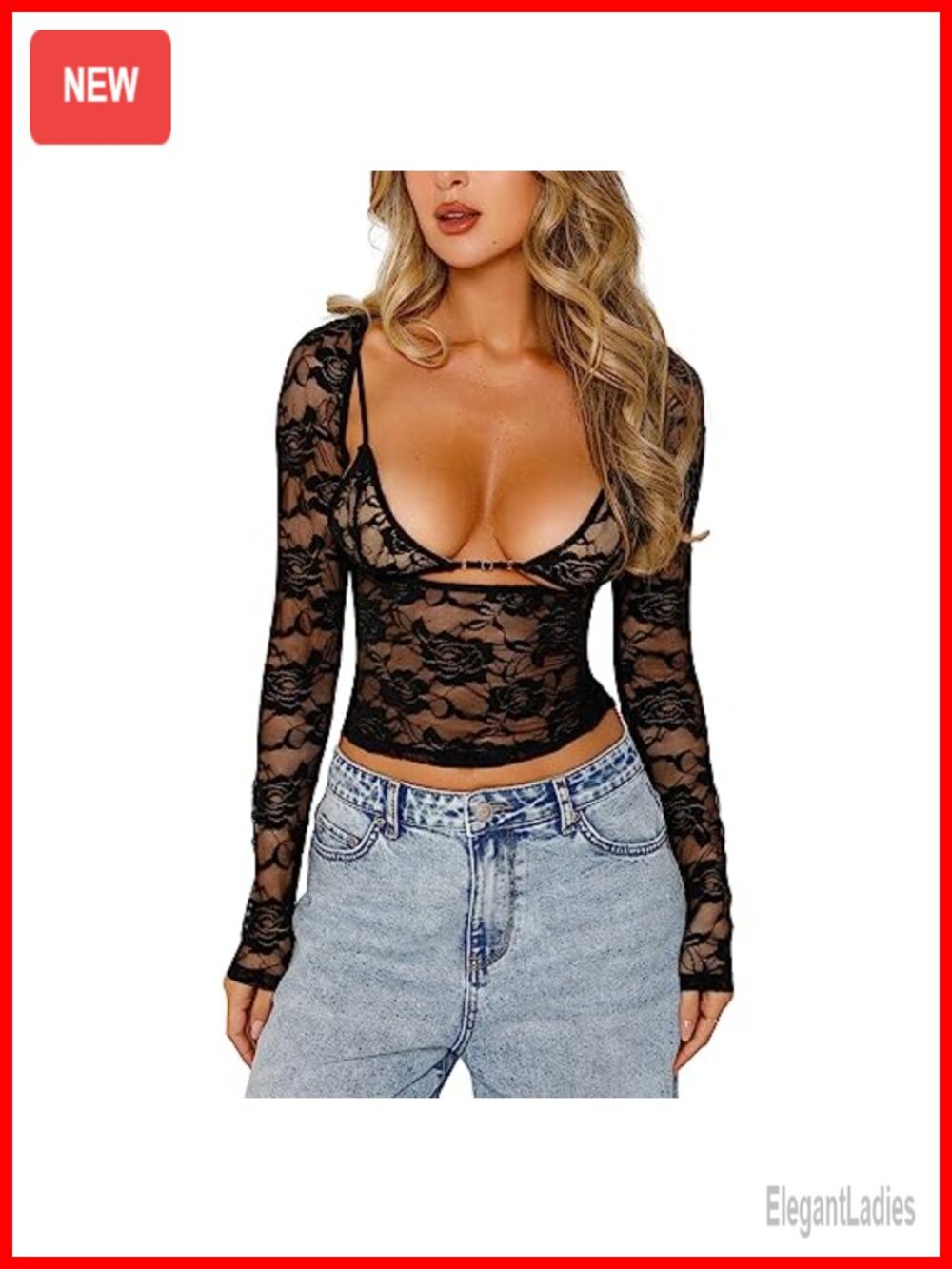 Women Y2K Floral Lace Long Sleeve Sheer Mesh See Through Crop Top